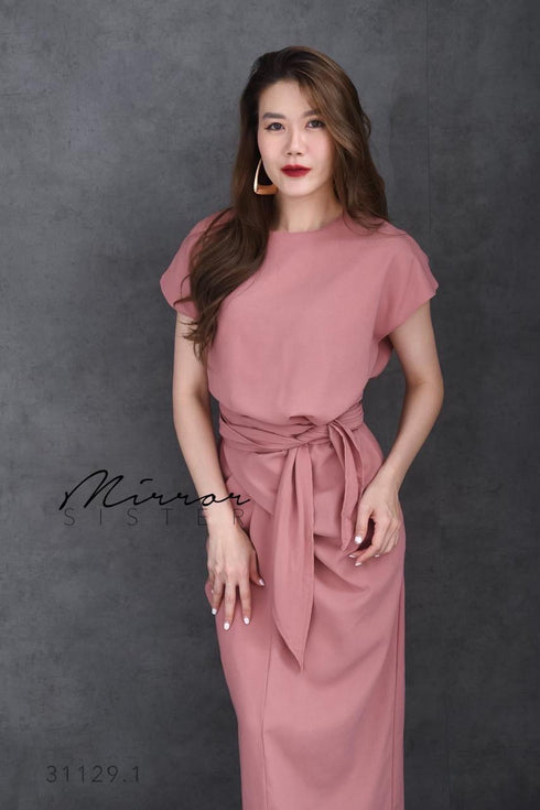 Women Classy Waist Tie Mid Length Back Slit Dresses